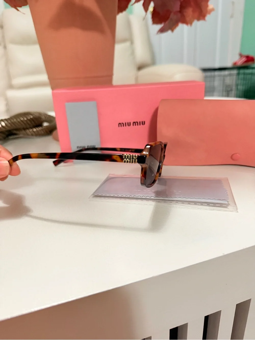 Miu Miu Tortoiseshell Sunglasses with Brown Lenses and Coral Pink Case